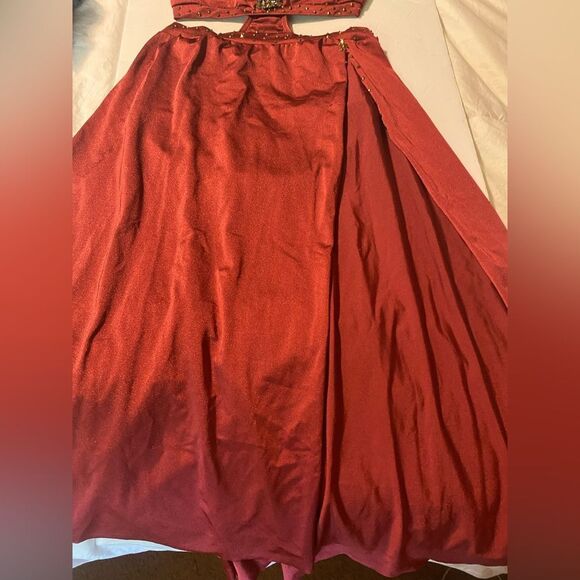 Kelle custom solo rhinestone 2 piece leotard skirt Dance Costume burgundy red LA - Picture 5 of 13